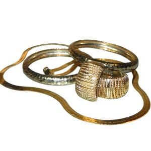 Glitzy Gold 24" Herringbone Chain Necklace, Earrings & 2 Bangles Jewelry Set